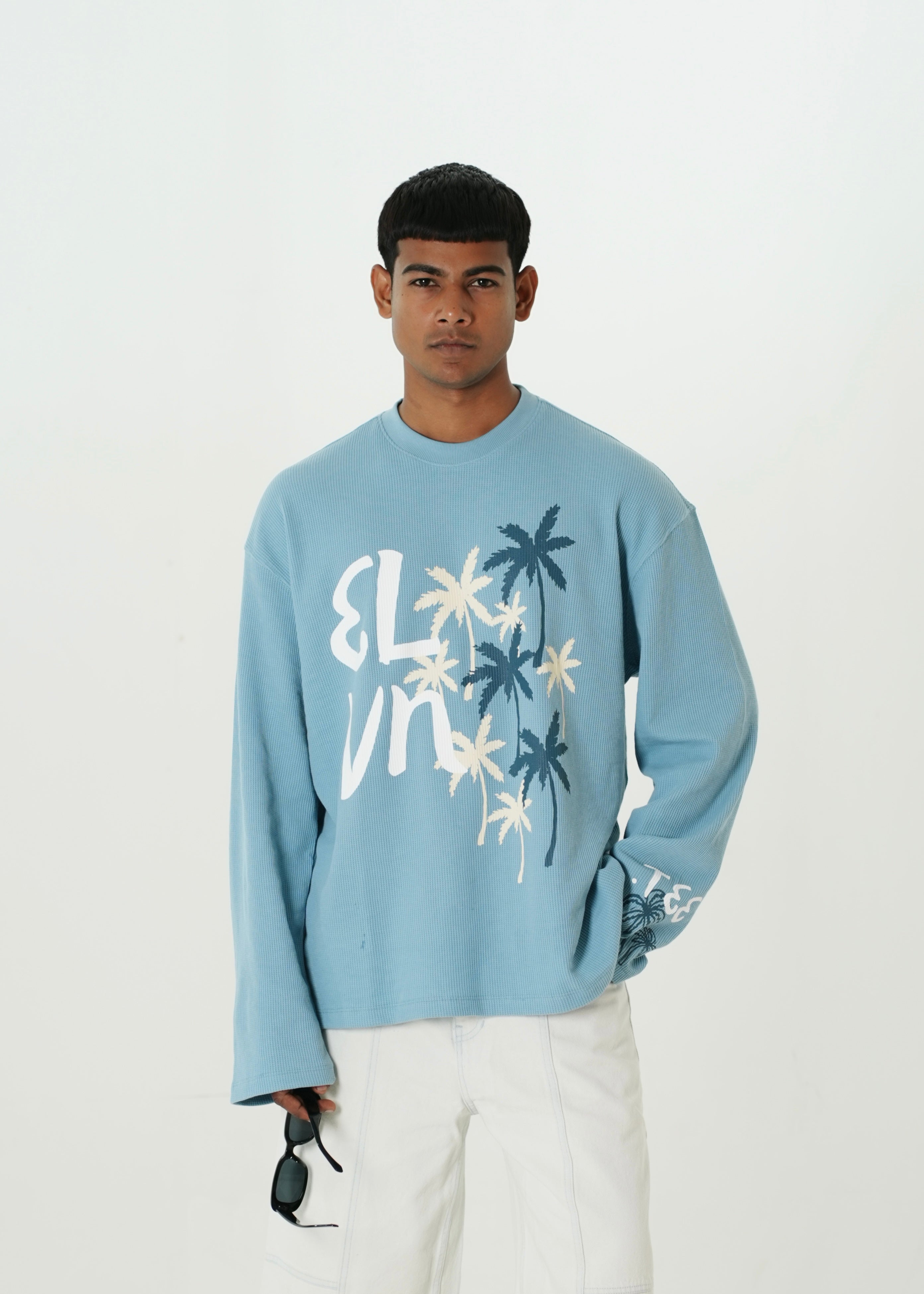 ‘PALM STATE’ FULL SLEEVE WAFFLE TEE | SKY BLUE