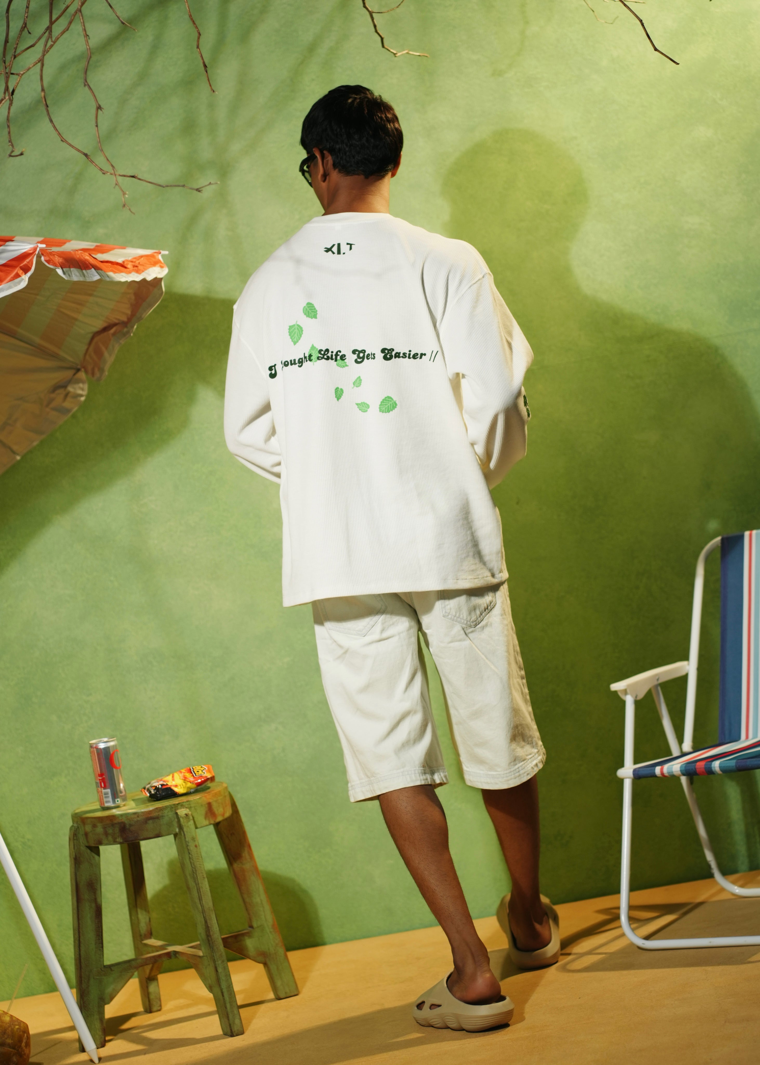 ‘EASE IN DEPTH’ FULL SLEEVE WAFFLE TEE | OFF WHITE